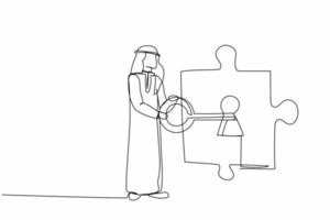 Single continuous line drawing Arab businessman putting big key into puzzle piece. Teamwork solving complicated tasks. Partnership and cooperation concept. One line graphic design vector illustration