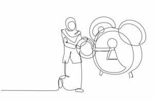 Single continuous line drawing Arabian businesswoman put key into alarm clock. Wake up from economic crisis metaphor. Manager unlock deadline business project. One line draw design vector illustration