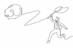 Continuous one line drawing businessman try to catching flying piggy bank with butterfly net. Money saving for investment. Financial management, budgeting. Single line draw design vector illustration