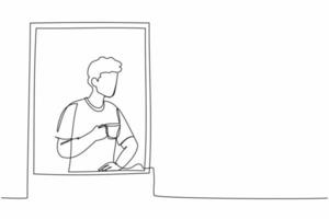 Single one line drawing man enjoy hot coffee or tea in window house. Male holding mug and looking through window while sitting on windowsill at home. Continuous line design graphic vector illustration