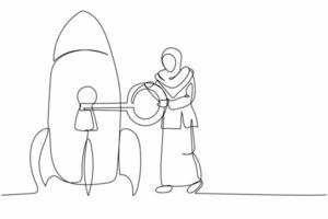 Single one line drawing Arab businesswoman put key into rocket. Unlock business plan project. Launching new startup business, innovation, improvement. Continuous line draw design vector illustration