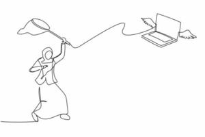 Single one line drawing Arabian businesswoman try to catching flying laptop with butterfly net. Losing data or document due to computer virus. Continuous line draw design graphic vector illustration