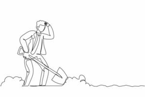 Continuous one line drawing tired businessman wipes sweat on his forehead while digging hole. Worker never give up on duty. Motivation of success. Single line draw design vector graphic illustration