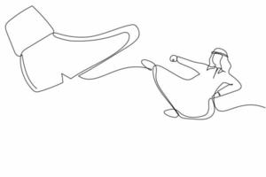 Single continuous line drawing young Arab businessman kick giant foot stomp. Executive director doing flying kick to big boot. Minimalism metaphor concept. One line graphic design vector illustration