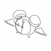 Continuous one line drawing flying alarm clock with wings. Alarm clock with wing flying in the sky. Time flies, everything seems evanescent concept. Single line draw design vector graphic illustration