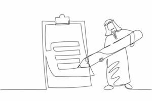 Single continuous line drawing Arabian businessman writing on clipboard with pencil. Male manager completion task. Goal achievements planning schedule. One line draw graphic design vector illustration