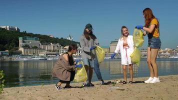 Polluted beach cleaned up by a group of people video