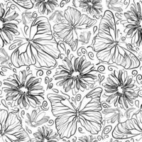 Seamless botanical pattern with butterflies and flowers in doodle technique vector