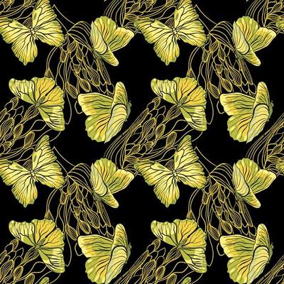 Seamless floral pattern with agapanthus flowers and yellow butterflies