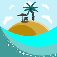 Seascape with tropical island, palm tree, umbrella, lounge chair, and turquoise vases in flat technique vector