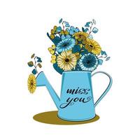 Watering can with bouquet of gerbera flowers and eucalyptus and text miss you