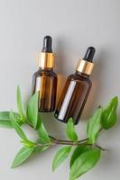 Skin care. Close up facial serum bottles with a green leaf, green plant, Beauty spa salon, natural calming cosmetics, sustainable wellness concept. photo