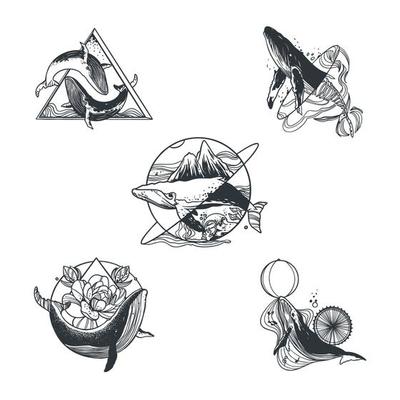 Minimalist Line Tattoo Theme Sticker With Whale Concept