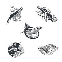 juego de pegatinas de tema de tatuaje minimalista con concepto de ballena vector