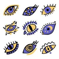 Set of color boho hand drawn magic evil doodle eyes. Collection of esoteric eye different shapes, cat eye, spiral, stars, moon elements vector illustration