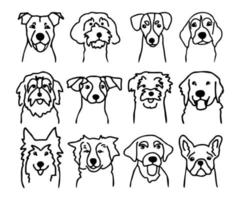 Set of different dog faces. Canine breeds in doodle style. Ink hand drawn heads of funny puppies. Pets contour simple kids style vector illustration