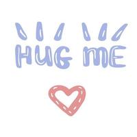 Hug me typography lettering decorative text with heart and rays blue pink colors vector illustration