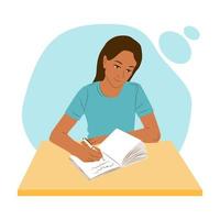 mujer sentada en una mesa o escritorio pensando y escribiendo notas en su diario o diario. niña trabaja o estudia concepto plano. práctica de salud mental femenina con ilustración de vector de bloc de notas