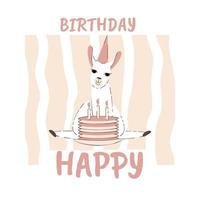 feliz cumpleaños tarjeta de colores suaves con llama en gorra de cumpleaños y pastel ilustración vectorial vector