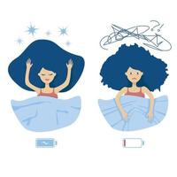 buen sueño e insomnio concepto de personaje de mujer. niña feliz con dulces sueños en la cama y dama insomne demacrada con problema de conciliar el sueño. ilustración de carga de batería completa y deficiente vector