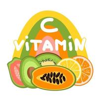 concepto de fuente de vitamina c. frutas que contienen ácido ascórbico con una letra sobre fondo de arco iris de color. naranja, limón, kiwi, ciruela kakadu, guayaba, papaya. vector