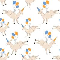 la llama de la fiesta de cumpleaños en una gorra vuela en globos sin costuras con divertidas lamas alpacas para cubrir, papel de envolver, ilustración vectorial de fondo vector