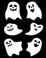 Set of white halloween ghosts of different simple flat shapes on black background, spooks with faces vector illustration