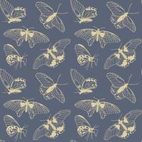 Butterflies seamless pattern, hand drawn sketch of front and side view butterfly on dark background vector illustration