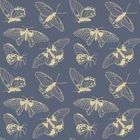 Butterflies seamless pattern, hand drawn sketch of front and side view butterfly on dark background vector illustration