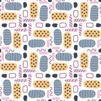 Abstract seamless patterns with hand drawn textured spots, curve lines and rectangle outlines in modern memphis style for textile, web, wrapping paper background vector illustration