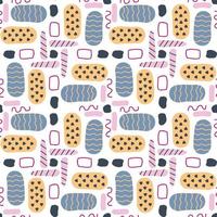 Abstract seamless patterns with hand drawn textured spots, curve lines and rectangle outlines in modern memphis style for textile, web, wrapping paper background vector illustration