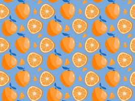 fruta naranja entera y media rebanada de patrones sin fisuras. Rut tropical con hojas de fondo repetido naranja y azul. ilustración para tela o papel pintado. vector