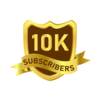 10K follower golden badge with ribbon. Thanksgiving for 10K followers PNG image. Luxurious golden color 10K follower badge celebration with a shield shape.