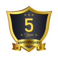 Anniversary badge PNG with golden color. Anniversary royal badge design with a shield shape. Golden and Black badge decoration with a ribbon on transparent background.