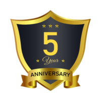 Anniversary badge PNG with golden color. Anniversary royal badge design with a shield shape. Golden and Black badge decoration with a ribbon on transparent background.