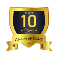 Anniversary royal badge PNG with a shield shape. Anniversary badge design with golden color. Golden and Black badge PNG with a ribbon on a transparent background.