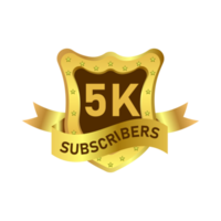 Social media subscriber badge design with golden color. 5K subscriber celebration royal badge PNG with a shield shape. Golden and dark badge image with a ribbon on a transparent background.