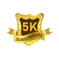 Social media subscriber badge design with golden color. 5K subscriber celebration royal badge PNG with a shield shape. Golden and dark badge image with a ribbon on a transparent background.