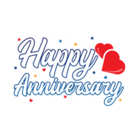 Happy anniversary calligraphy design PNG. Happy anniversary calligraphy with blue color shade. Anniversary element PNG with red love shape on a transparent background.