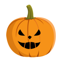Pumpkin PNG with scary eyes and mouth for Halloween event.  Round pumpkin lantern image with orange and green colors. Pumpkin design on a transparent background and a smiling face.