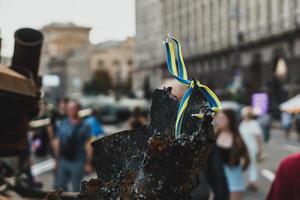 Kyiv, Ukraine, 23 August 2022. Parade of destroyed military equipment of the russian troops on the Khreshchatyk photo