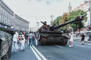 Kyiv, Ukraine, 23 August 2022. Parade of destroyed military equipment of the russian troops on the Khreshchatyk photo