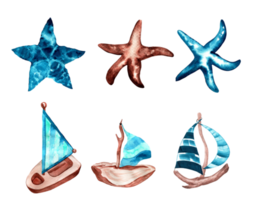 Watercolor collection of wooden sailboats and colorful starfish png