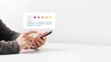 User satisfaction ratings, customer survey ideas, product and service quality assessments lead to business reputation ratings. photo