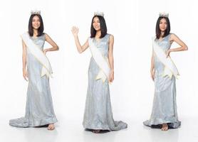 Full length of Miss Beauty Pageant Contest wear blue gray evening sequin gown with diamond crown photo