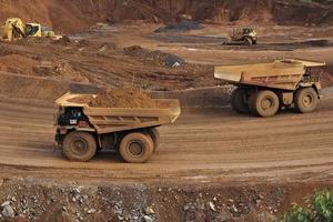 Sorowako, Indonesia, August 3, 2022 - Haul dump trucks used to transport mining material in the nickel mining of PT. Vale Indonesia in Sorowako, East Luwu, South photo