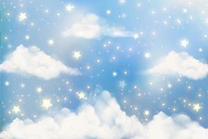 Blue cloudy sky with stars. Beautiful fluffy space. Nature environment background. Vector illustration.