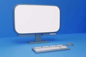Desktop computer in 3D space with white blank screen. Mockup for design. photo