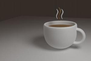 Light cup of aromatic coffee stands on table in 3D space. Mockup of cup. photo