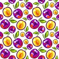 Seamless pattern of plums with leaves on white background vector